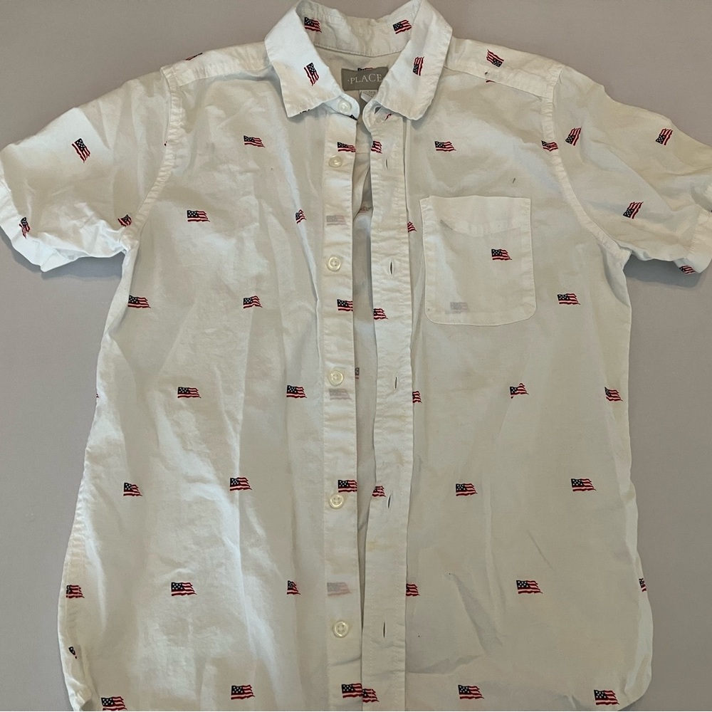 Boys Americana Short Sleeve Flag Print Poplin Button Down Shirt